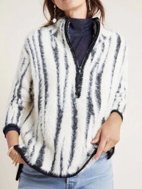 Anthropologie Cindy Eyelash 1/2 Zip White Black Fuzzy Zebra Sweater Women’s Med